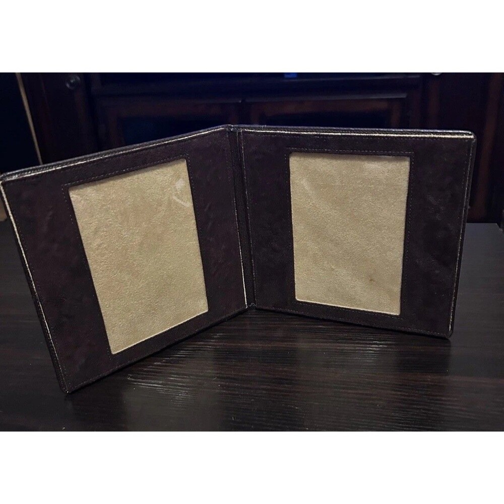 Leeman NY Genuine Cowhide Leather Double Folding Picture Frame Brown Magnetic